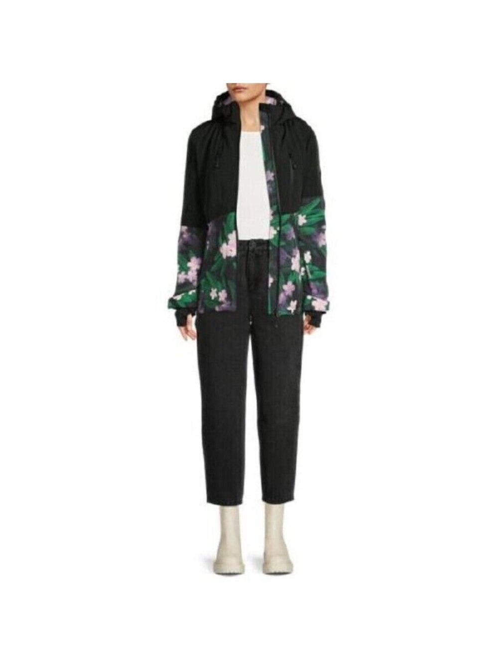 Avalanche Puffer Parka Anorak Coat Ski Jacket Black Flowers Women Small New